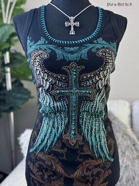 Vocal Apparel Women's Crystal Stud Black Blue Cross Whipstitch Tank Top S M L XL